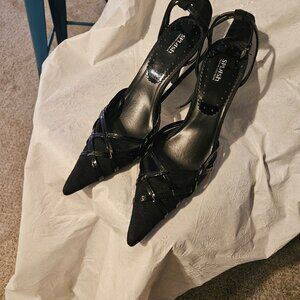 Splash, Black Suede & W/Gray & Black Heel Stilettoes, W/Pointed Toe. Size 9.5